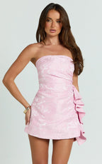 Women's pink strapless jacquard mini dress with layered side ruffles