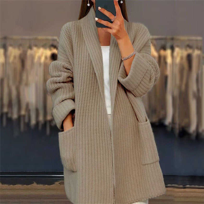 Women's textured open front longline cardigan with long sleeves and patch pockets