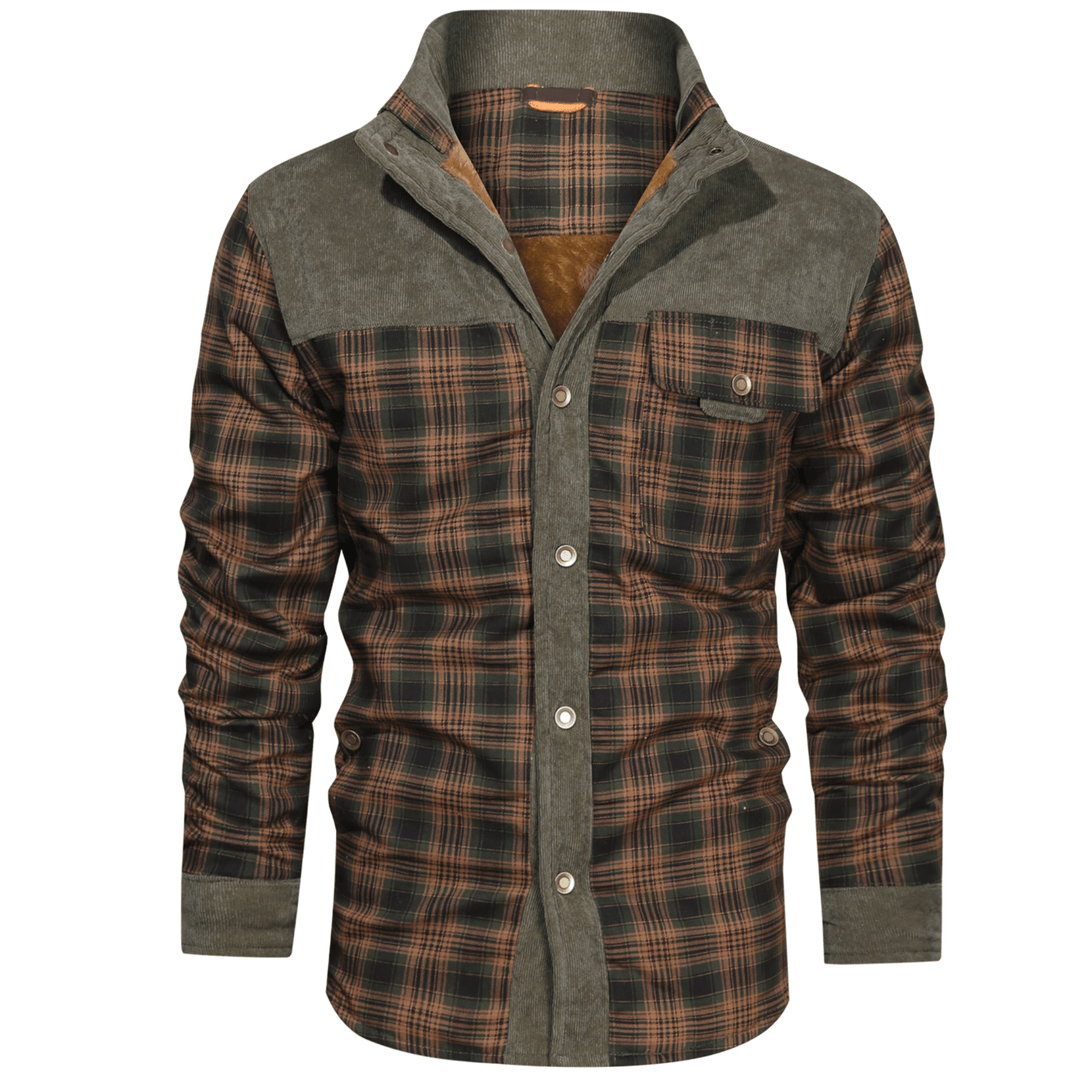 Men's checked jacket with stand collar, long sleeves and button front