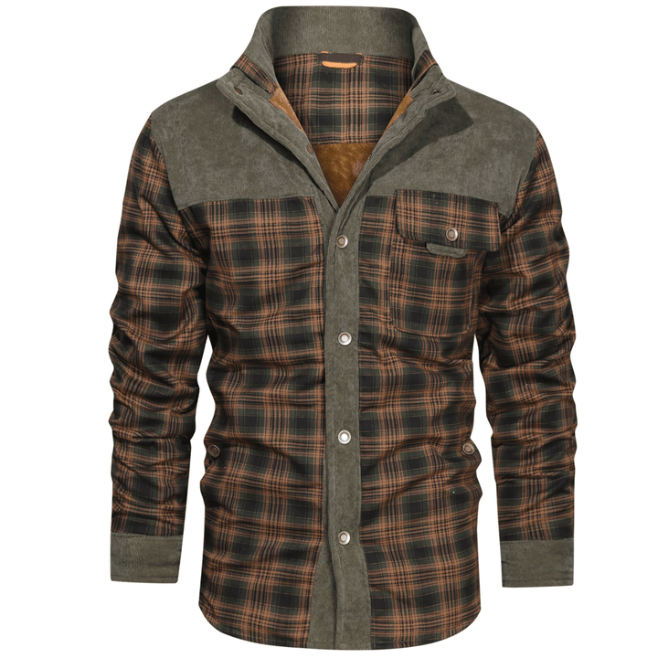 Men's checked jacket with stand collar, long sleeves and button front