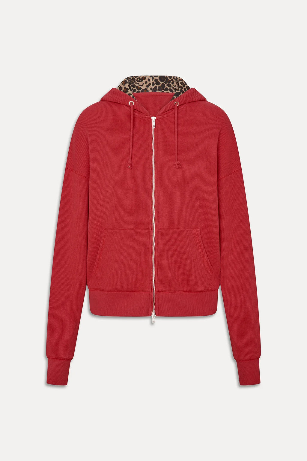 Women's red zip-up hoodie with animal print lined hood and front pockets