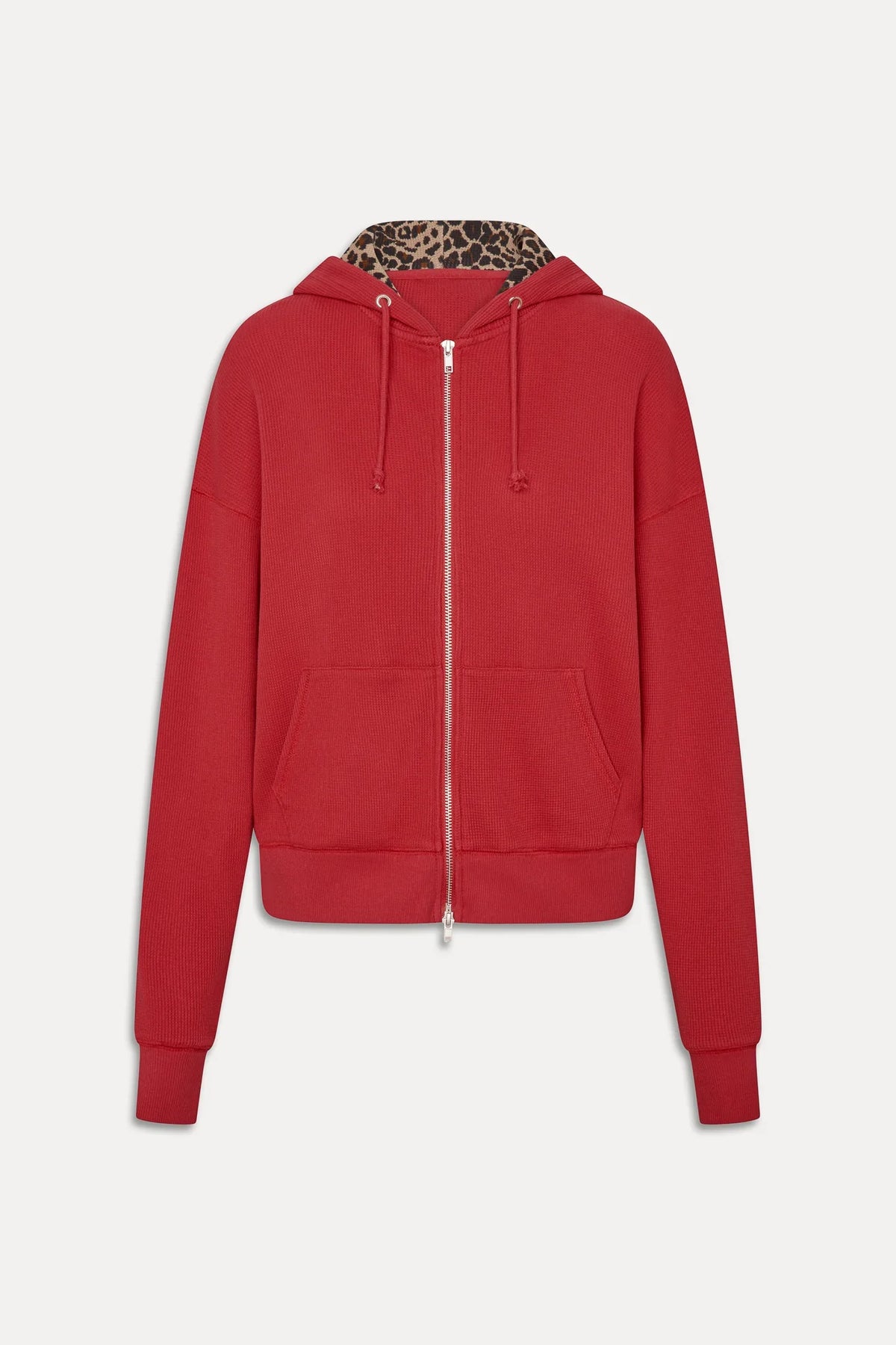 Women's red zip-up hoodie with animal print lined hood and front pockets