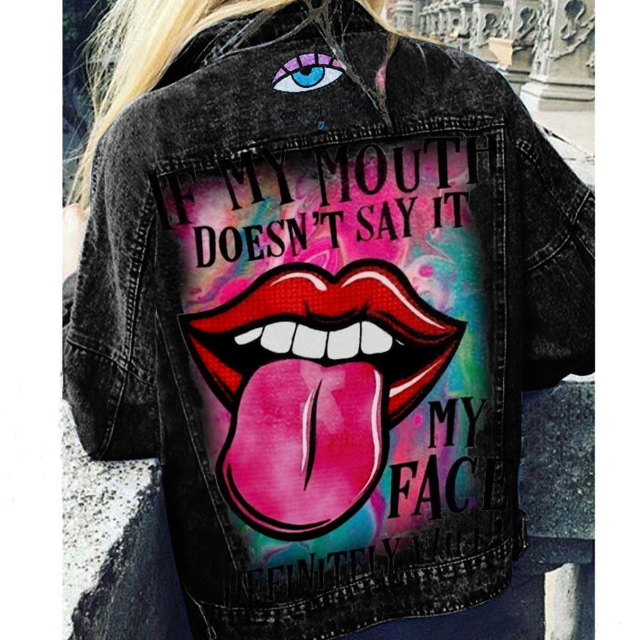 Women's graphic print jacket with colourful back artwork and long sleeves