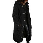 Women's longline hooded cable knit cardigan with button front