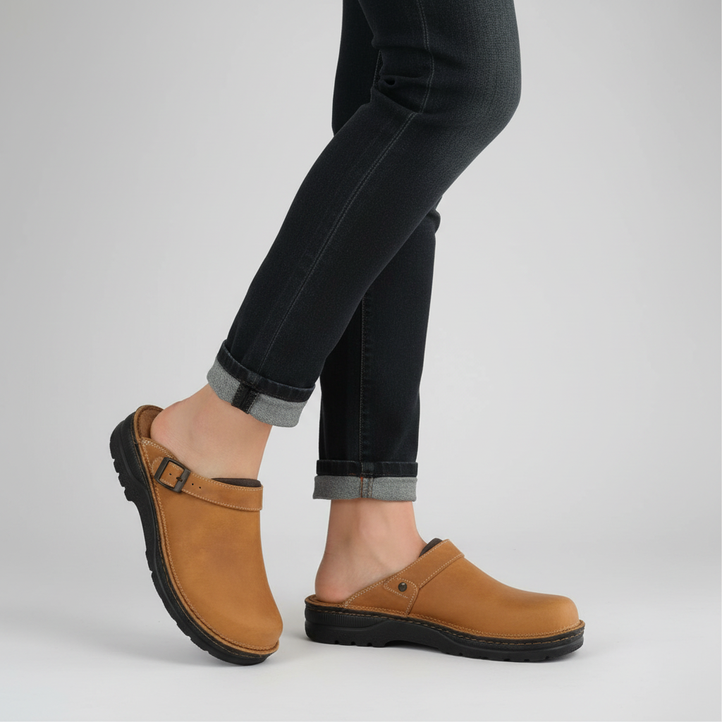 Unisex closed-toe clog sandals with buckle straps and contoured footbeds