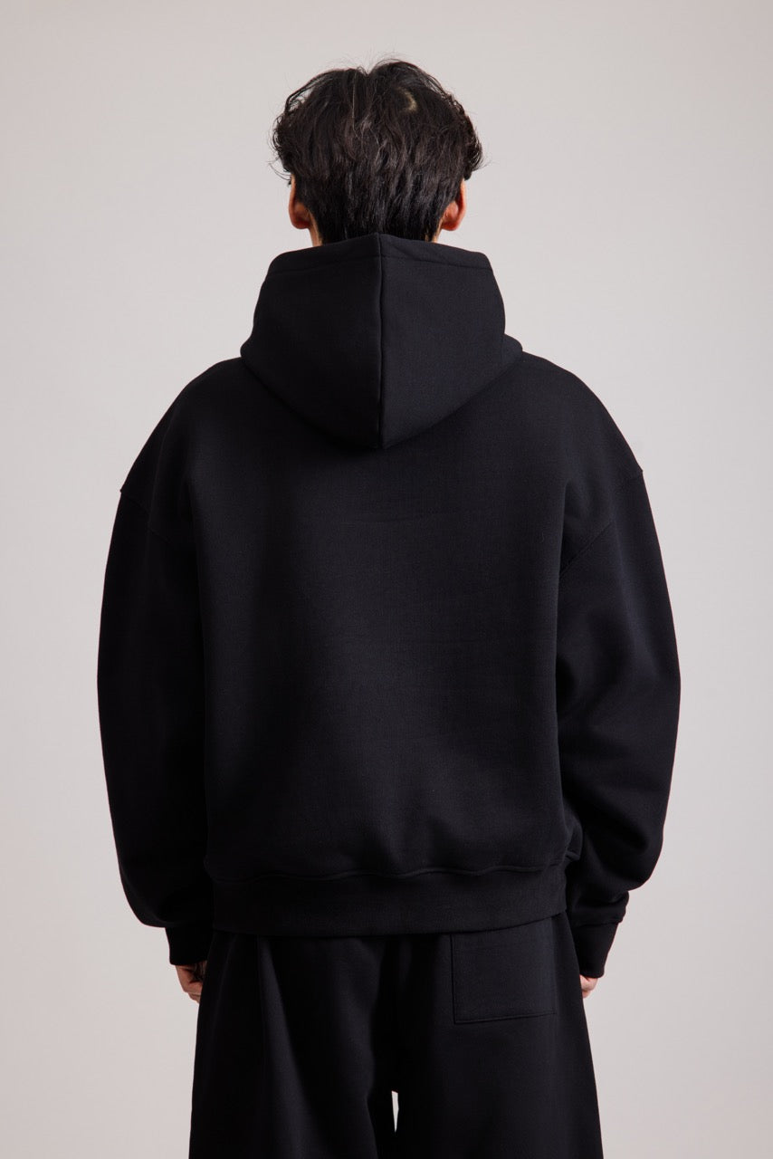 Men's black pullover hoodie with hood and front pouch pocket