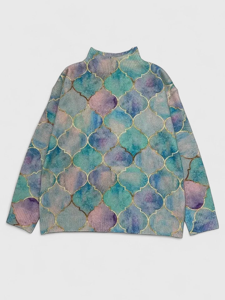 Women's multicolour geometric scale print turtleneck knit sweater with long sleeves