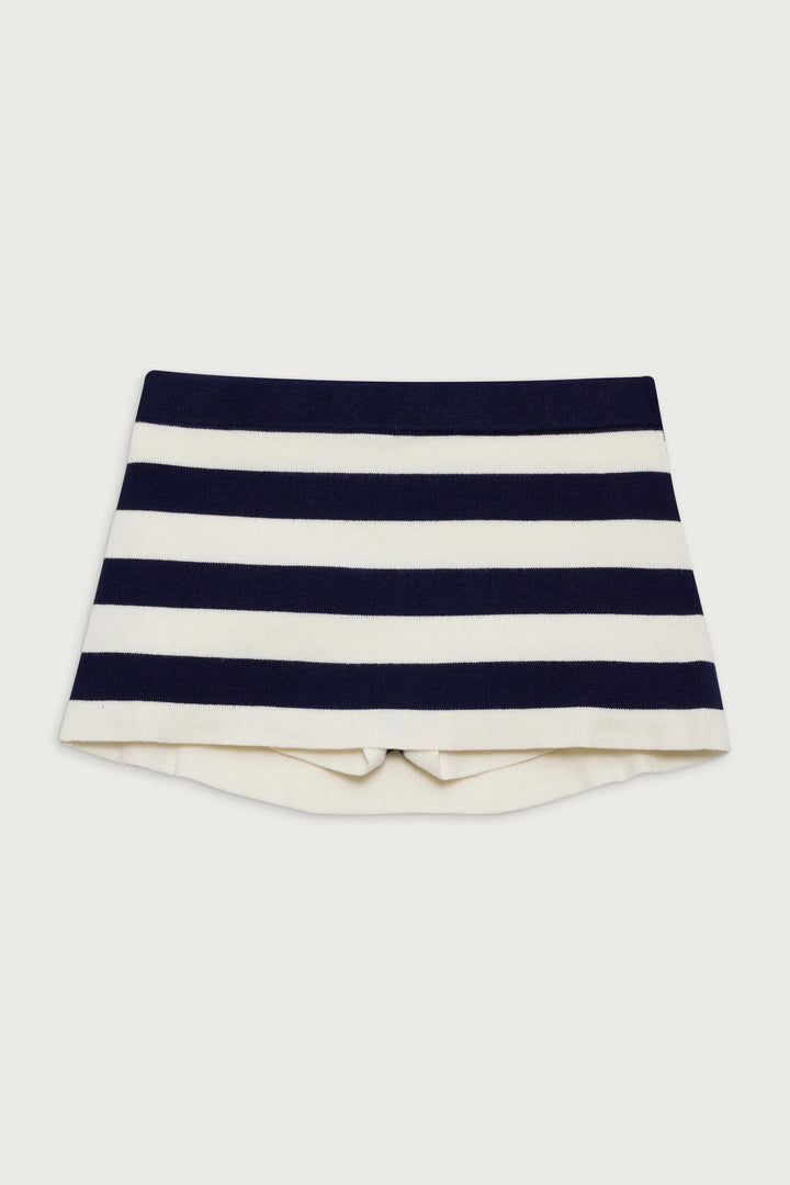 Women's blue and white striped knit mini skort with high waistband