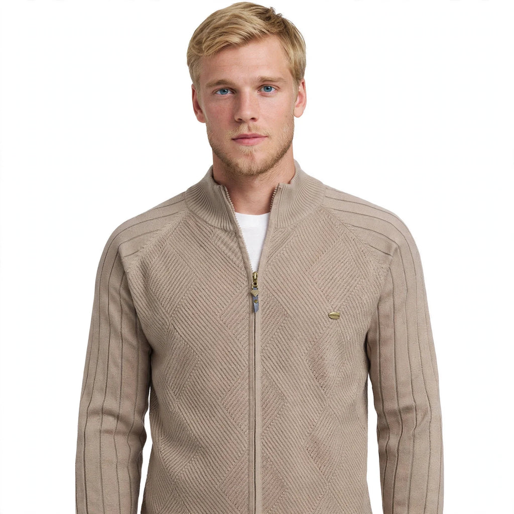Men's textured zip-up cardigan with mock neck and long sleeves