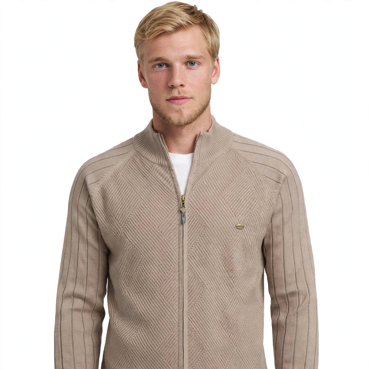 Men's textured zip-up cardigan with mock neck and long sleeves