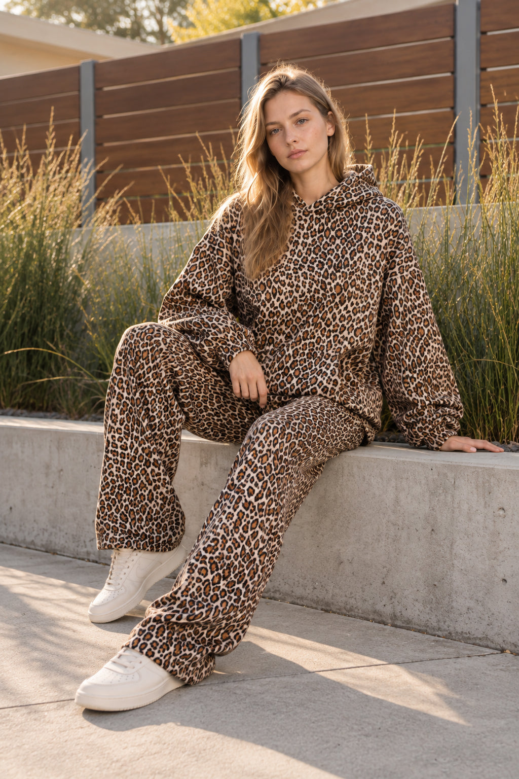 Women's leopard print hooded sweatshirt and matching full-length trousers set