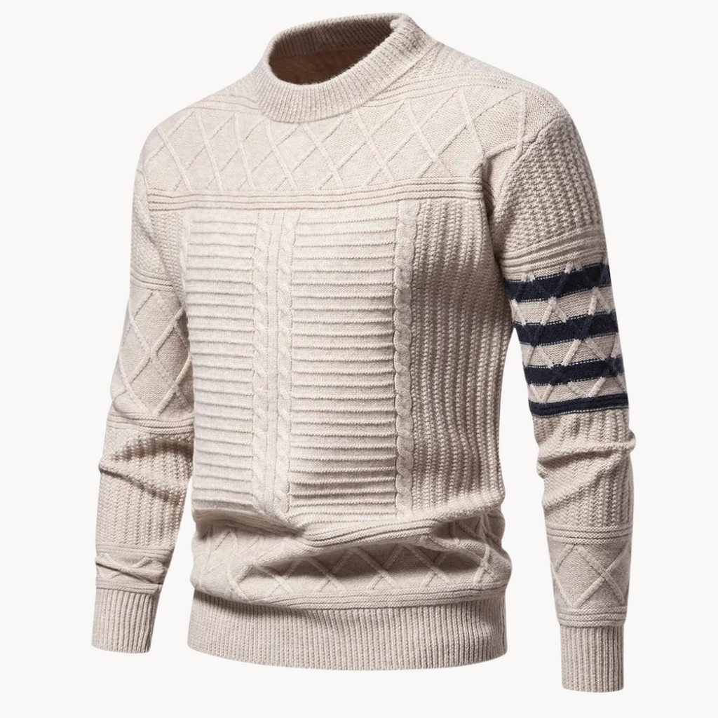Men's cable knit crew neck jumper with patterned sleeves