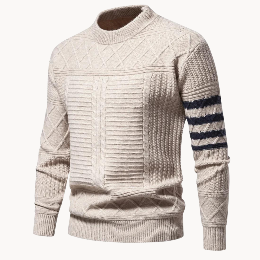 Men's cable knit crew neck jumper with patterned sleeves