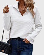 Women's ribbed quarter-zip sweater with collar and long sleeves