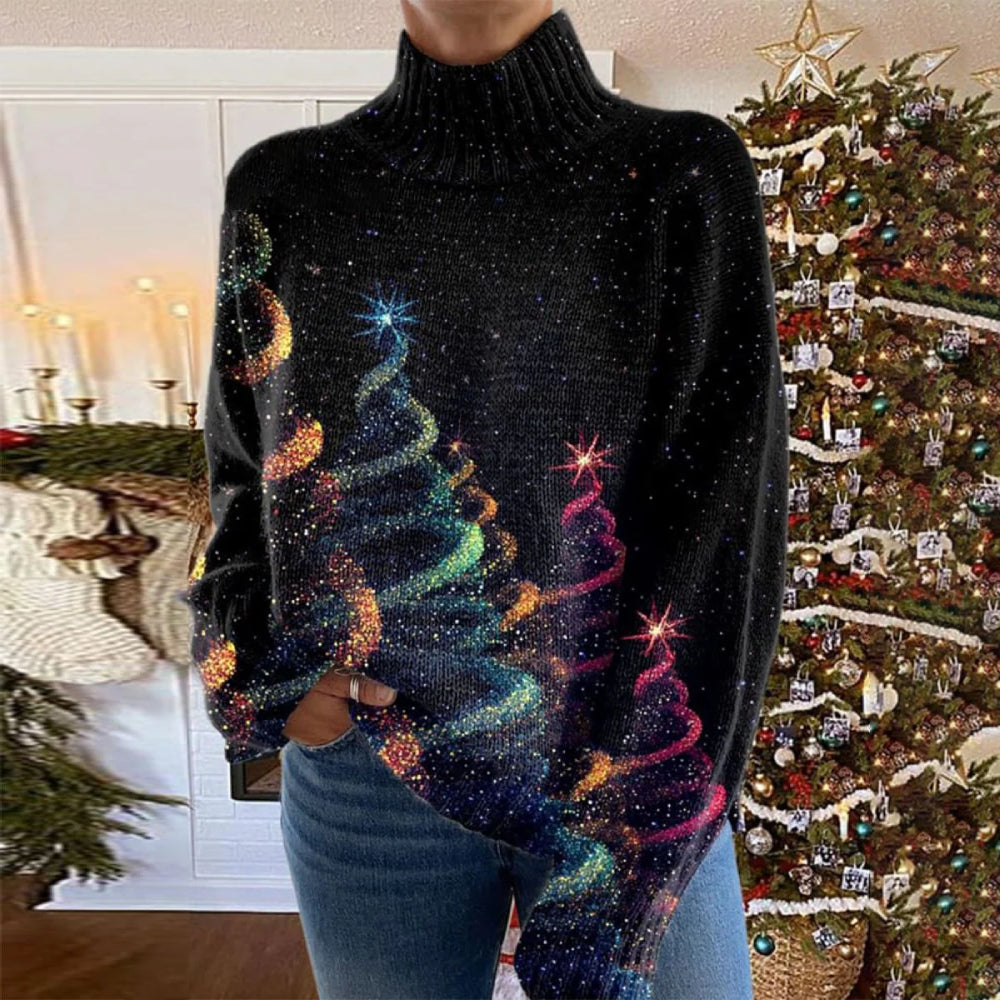 Women's festive turtleneck sweater with colourful Christmas trees and stars