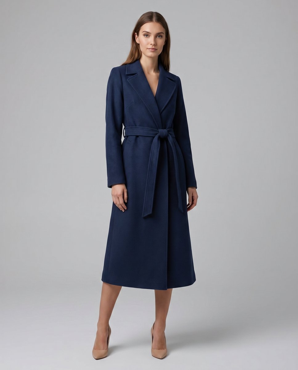 Women's navy longline wrap coat with notched lapels and tie belt