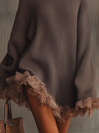 Women's brown turtleneck mini dress with long sleeves and ruffled hem