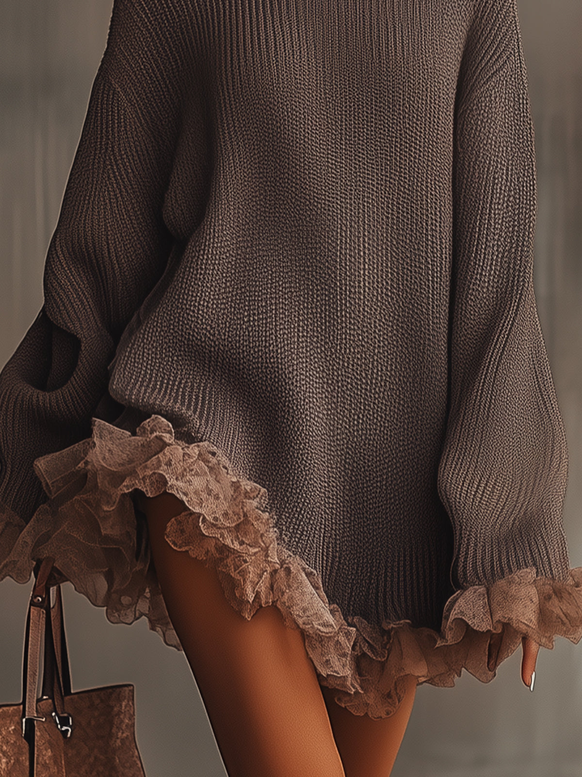Women's brown turtleneck mini dress with long sleeves and ruffled hem
