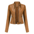Women's fitted faux leather biker jacket with stand collar, long sleeves and zipped pockets