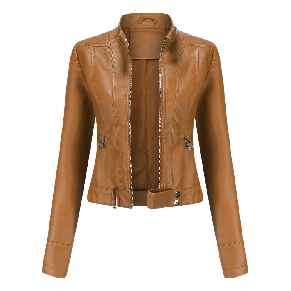 Women's fitted faux leather biker jacket with stand collar, long sleeves and zipped pockets