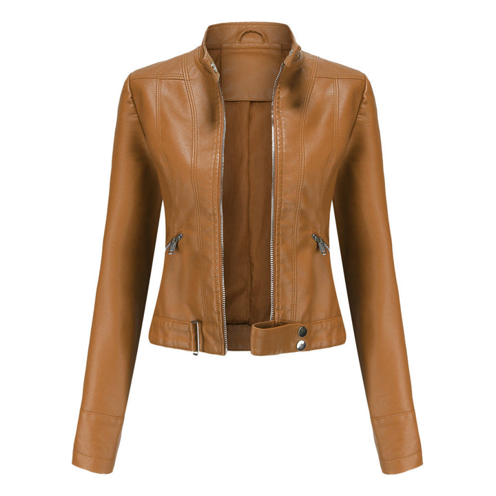 Women's fitted faux leather biker jacket with stand collar, long sleeves and zipped pockets