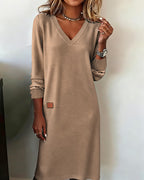 Women's long sleeve V-neck sweater midi dress with ribbed cuffs