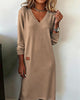 Women's long sleeve V-neck sweater midi dress with ribbed cuffs