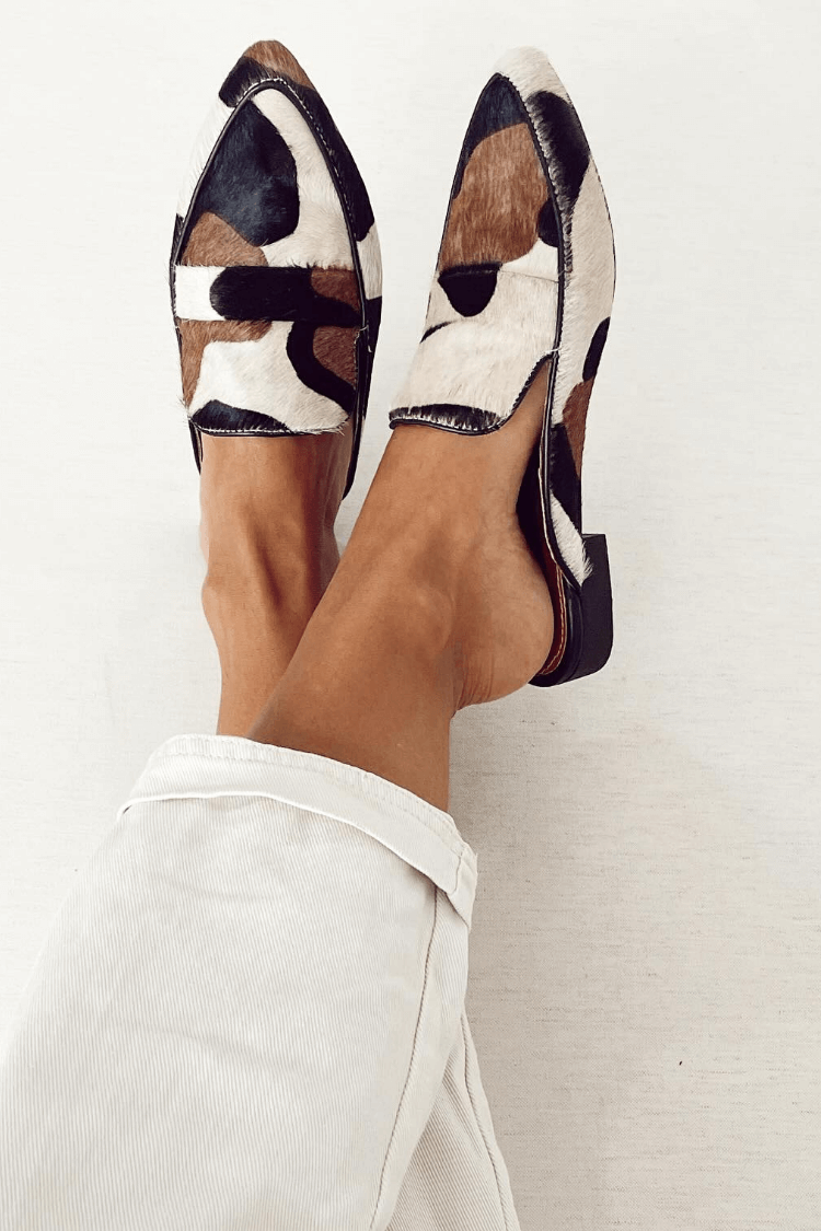 Women's black, white and brown animal print loafers with low block heel