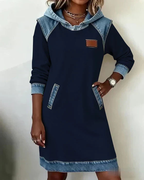 Women's long-sleeve hooded dress with contrast trim and front pockets