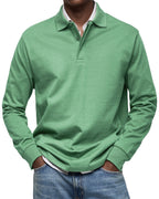 Men's long sleeve polo sweater with collar, button placket and ribbed trims