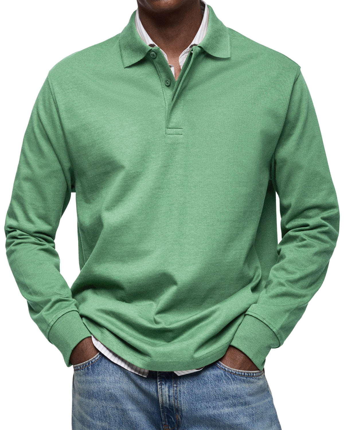 Men's long sleeve polo sweater with collar, button placket and ribbed trims