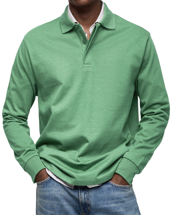 Men's long sleeve polo sweater with collar, button placket and ribbed trims