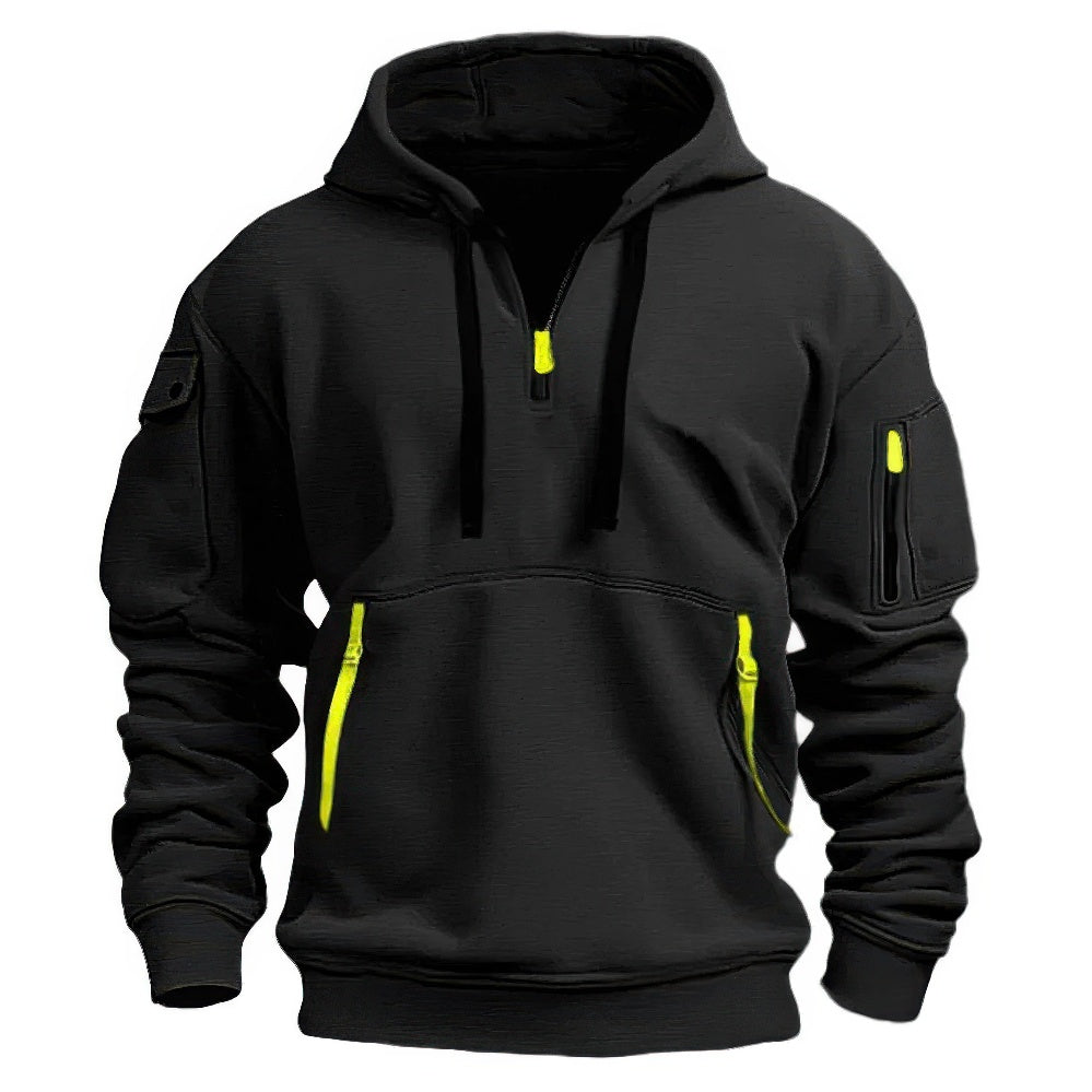 Men's hooded half-zip hoodie with utility pockets and long sleeves