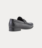 Men's black leather moccasin loafers with silver metal bit