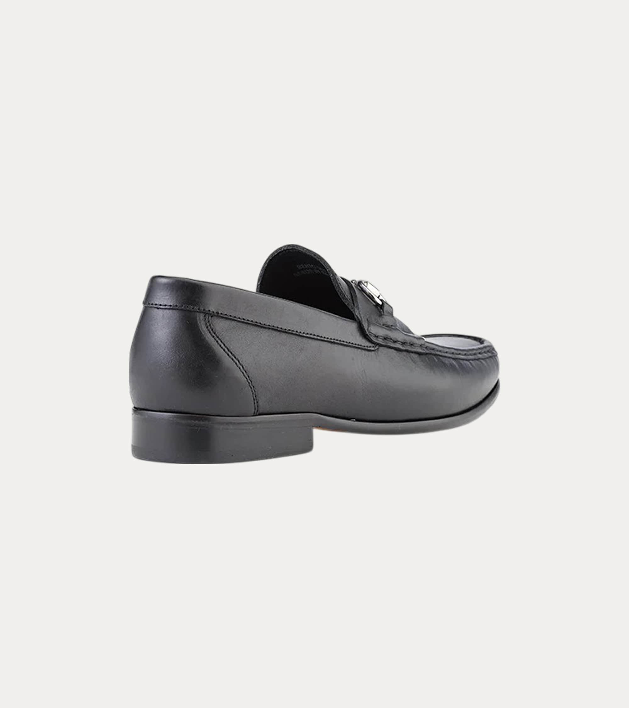 Men's black leather moccasin loafers with silver metal bit