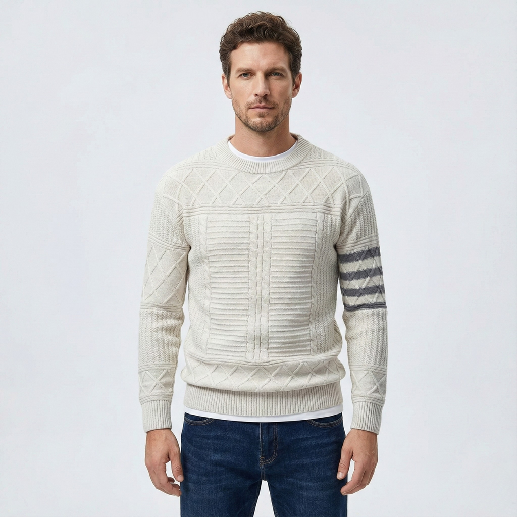 Men's cable knit crew neck jumper with patterned sleeves