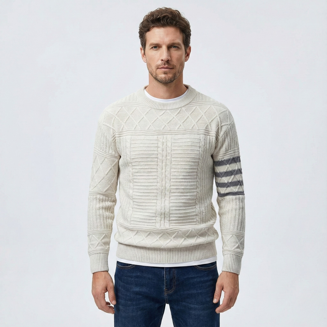 Men's cable knit crew neck jumper with patterned sleeves