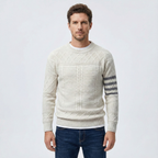 Men's cable knit crew neck jumper with patterned sleeves