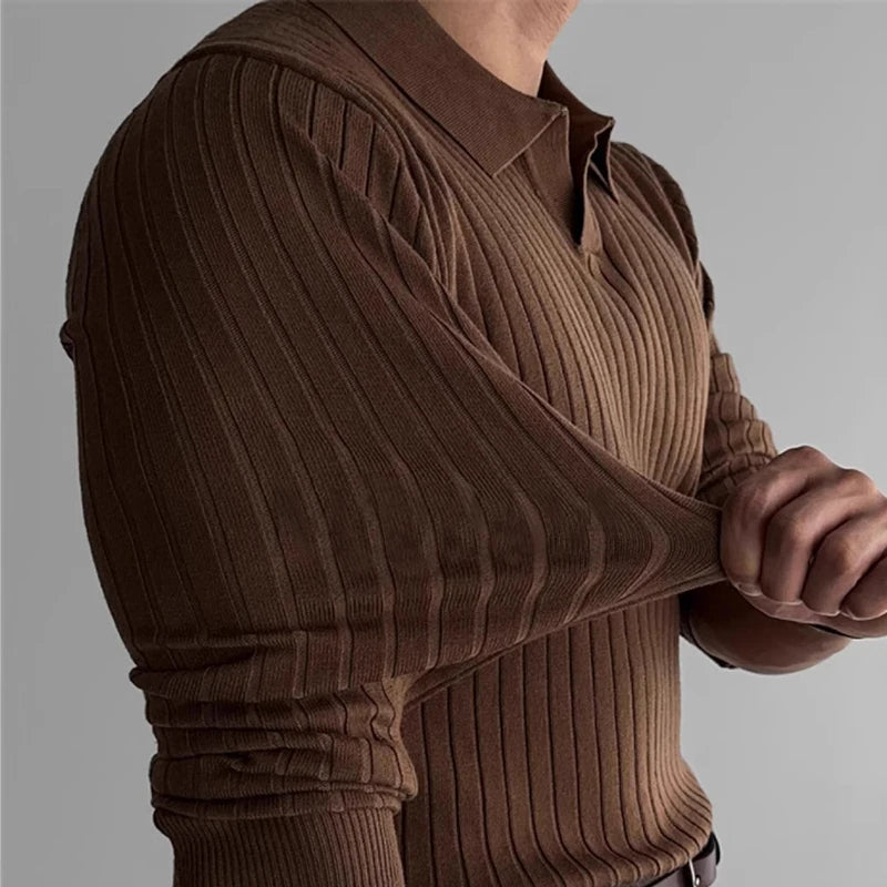 Men's ribbed polo sweater with a collared neckline and long sleeves