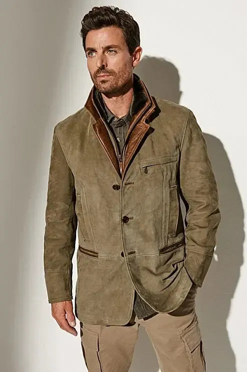Men's vintage suede-look jacket with layered collar and button front