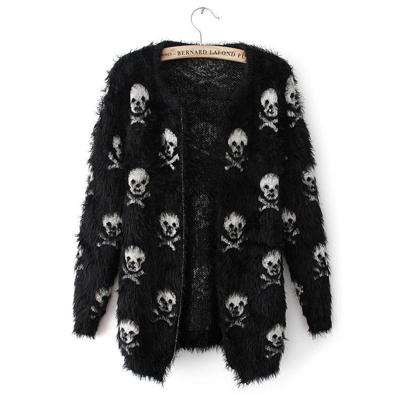 Women's black cardigan with repeated white skull and crossbones pattern