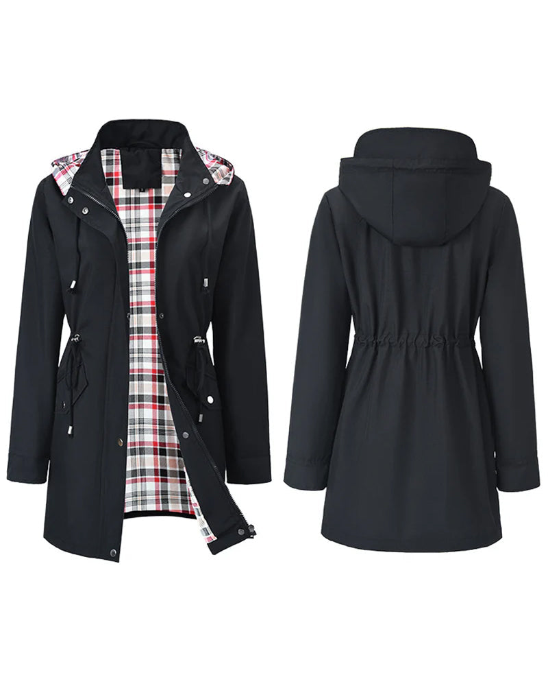 Women's long hooded coat with checked lining, zip front and drawstring waist
