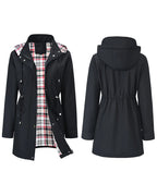 Women's long hooded coat with checked lining, zip front and drawstring waist