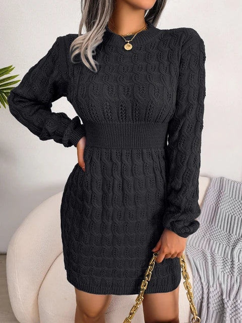 Women's cable knit sweater mini dress with crew neckline and long sleeves