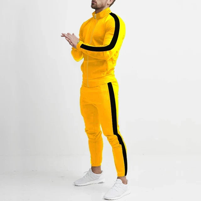 Men's striped tracksuit set with zip jacket and tapered trousers