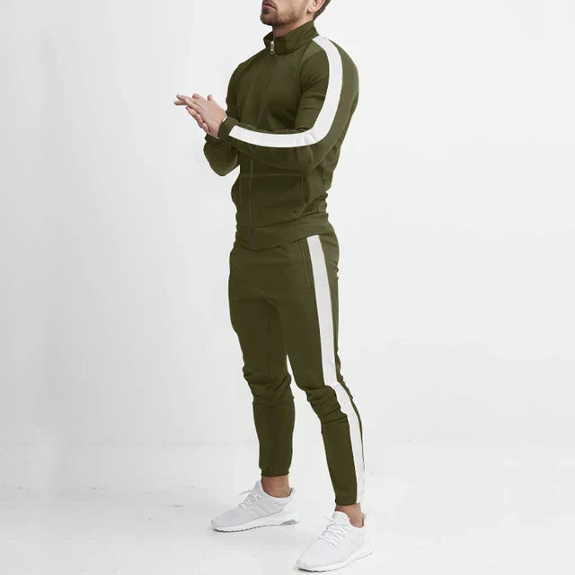Men's striped tracksuit set with zip jacket and tapered trousers