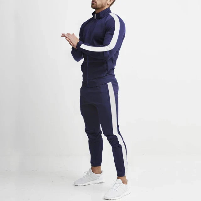Men's striped tracksuit set with zip jacket and tapered trousers