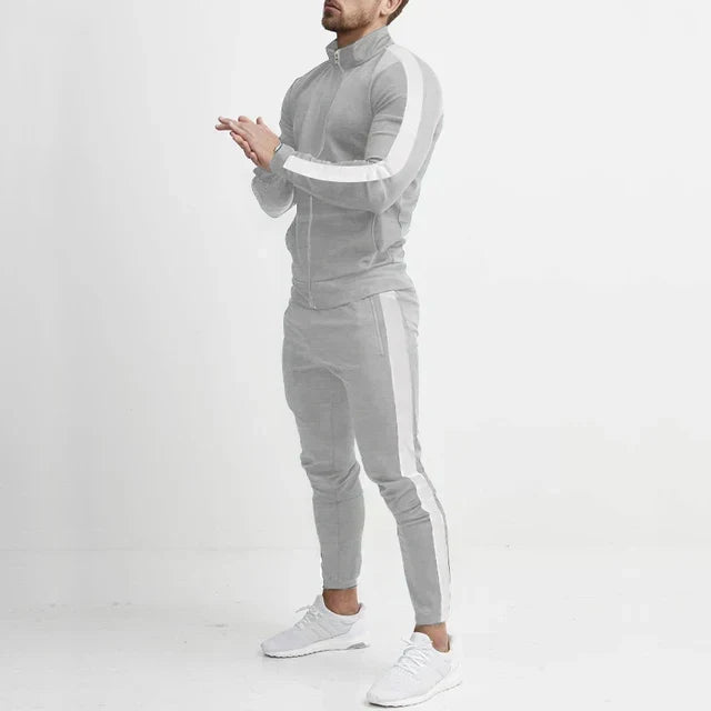 Men's striped tracksuit set with zip jacket and tapered trousers