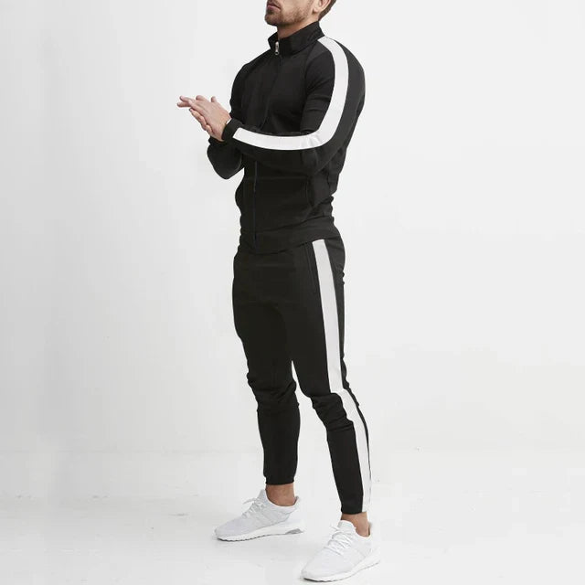 Men's striped tracksuit set with zip jacket and tapered trousers