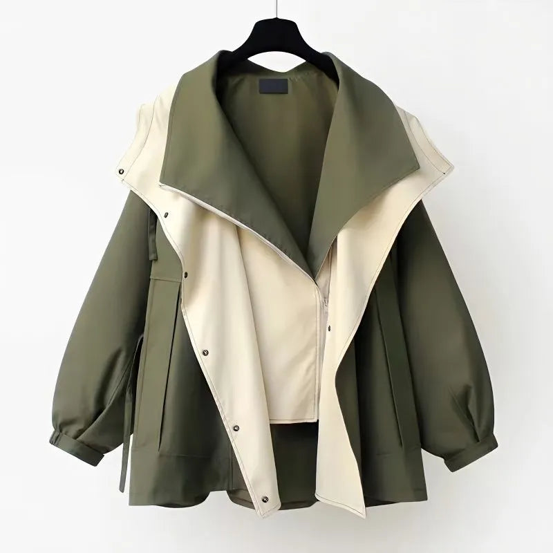 Women's hooded windbreaker jacket with contrast panels and drawstrings